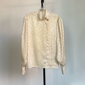 80s Jeagar satin long sleeve cream shirt, polka dot and fold detail. Size S